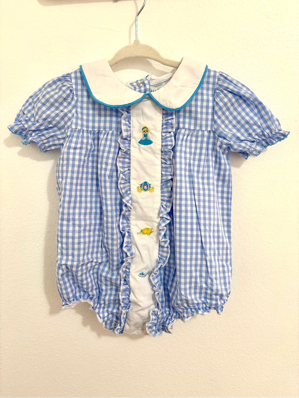 Princess Gingham Baby smocked Romper with White Peter Pan Collar